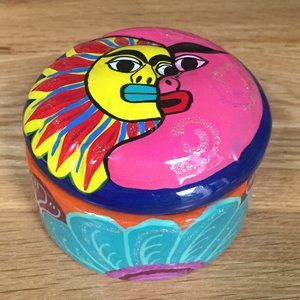 Talavera Sun Moon Trinket Box Terra Cotta Celestial Mexico Clay Hand-painted